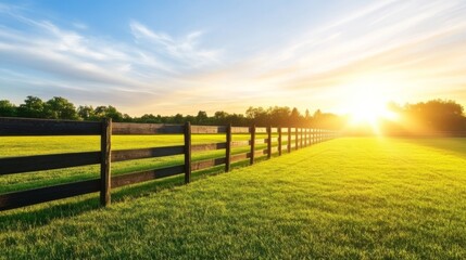 Wall Mural - Golden sunset over a rustic wooden fence in tranquil field 