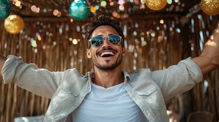 Wall Mural - Man smiling joyfully with sunglasses, enjoying festive atmosphere