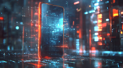 Poster - cyberpunk smartphone: futuristic smartphone in a vibrant, neon-drenched cityscape. the phone glows w