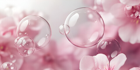 Poster - delicate bubbles and blossoms: a gentle dance of transparent bubbles floating amidst a delicate bed 