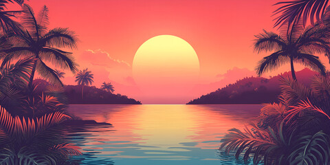 Wall Mural - Tropical Sunset Paradise: A vibrant, idyllic scene with palm trees silhouetted against a fiery sunset, reflecting in the tranquil waters of a tropical lagoon. Perfect for evoking feelings of serenity.