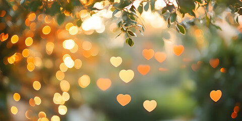 Wall Mural - heartfelt bokeh: a gentle backdrop of green leaves and warm, blurry lights, with delicate heart shap