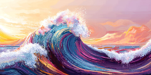 Poster - sunset waves: a vibrant and abstract painting of a crashing wave, painted in bold strokes of color, 