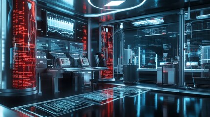 Poster - Futuristic blood analysis facility with glowing fluid processing machines and advanced data readouts