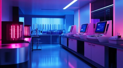 Poster - Futuristic blood analysis facility with glowing fluid processing machines and advanced data readouts
