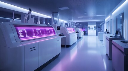 Poster - Futuristic blood analysis facility with glowing fluid processing machines and advanced data readouts