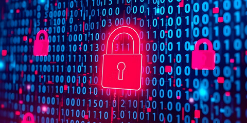 Cybersecurity concept, digital padlock icons, glowing red and pink, binary code background, matrix style, data protection visualization, neon aesthetic, futuristic, cyber threat, digital encryption
