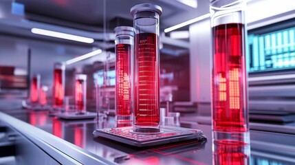 Poster - Futuristic blood analysis facility with glowing fluid processing machines and advanced data readouts