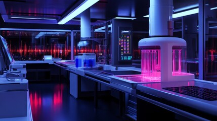 Poster - Futuristic blood analysis facility with glowing fluid processing machines and advanced data readouts