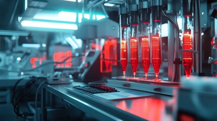 Poster - Futuristic blood analysis facility with glowing fluid processing machines and advanced data readouts