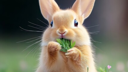 Cute rabbit is eating a leaf. The rabbit is small and fluffy, with a cute expression on its face. Concept of innocence and playfulness, as the rabbit enjoys its snack in a natural setting