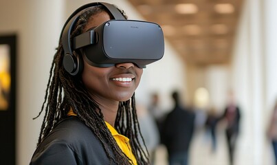 Woman smiles using VR headset in busy hallway, showcasing immersive technology experience.