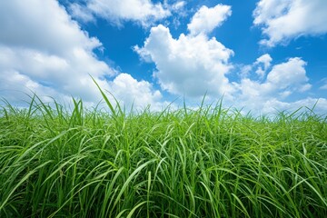 Lush green grass field, blue sky, clouds, nature, background, idyllic