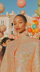 Wall Mural - A woman with glitter makeup, captured in the lively atmosphere of a carnival parade, with her sparkling eye and lip makeup adding to the festive vibe.