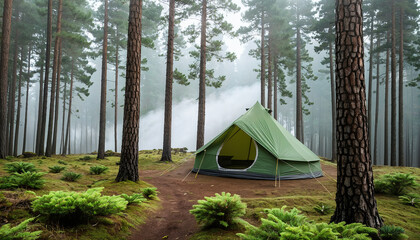 big green tent in the pine forest with fog at early morning