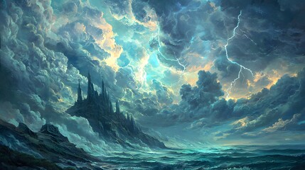 a stormy day sky, filled with heavy, roiling clouds and dramatic lightning strikes illuminating the 