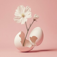 Canvas Print - White cosmos flower emerging from cracked eggshell on pink background.