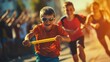 © javier - Boy with visual impairment in a relay race with a guide runner focusing on the finish line crowd cheering
