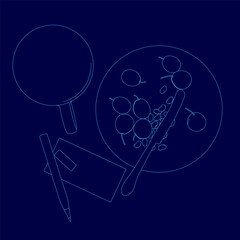 Poster - Blue background with a drawing of a plate of fruit and a pen. The pen is on top of a piece of paper