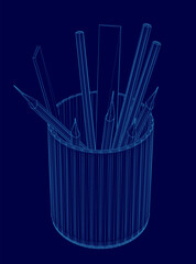 Poster - Blue vase with pencils and pens inside. The pencils are in the middle of the vase and the pens are on the right side