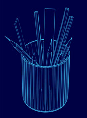 Poster - Blue pencil holder with pencils and pens inside. The pencils are lined up in a row, with the pens in the middle. The pencils are of different sizes and colors, and the pens