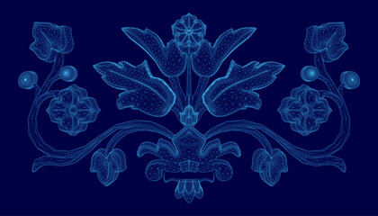 Poster - Blue floral design with a blue background. The flowers are very detailed and the background is a solid blue color