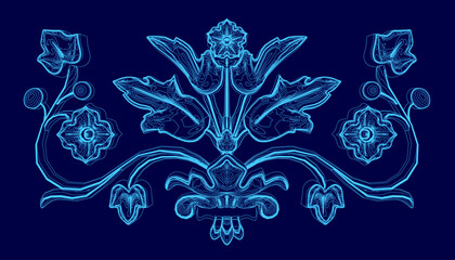 Poster - Blue floral design with a blue background. The flowers are very detailed and the background is a deep blue