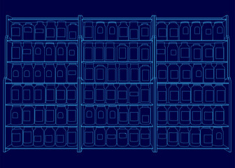 Poster - Blue image of a shelf with many jars on it. The shelf is divided into three sections