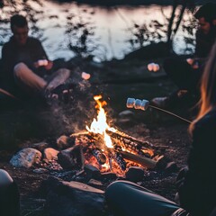 a photo of friends roasting marshmallows around a campfire at dusk.