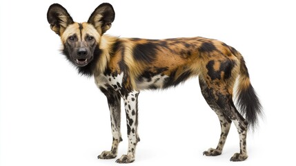 Wall Mural - A standing African wild dog showcasing its unique coat patterns and features.