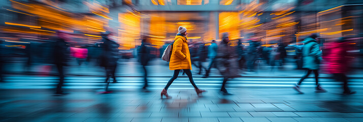 tourists walking on a busy shopping street at dusk with motion blur effect. commercial photography -