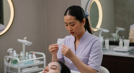 Wall Mural - Asian female aesthetician applying facial treatment to young asian woman in spa