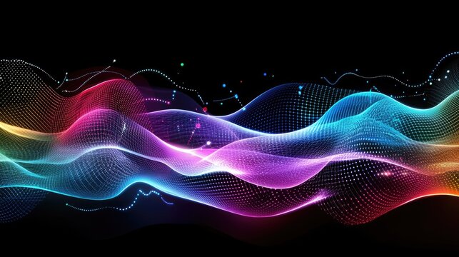 A futuristic depiction of floating glowing grids merging with colorful data streams. Copy space.