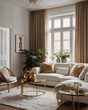 © SecretCanvas - Bright contemporary living room with large windows neutral sofa golden furniture and abstract art decorating the walls Contemporary Interior Design Livingroom Inspiration