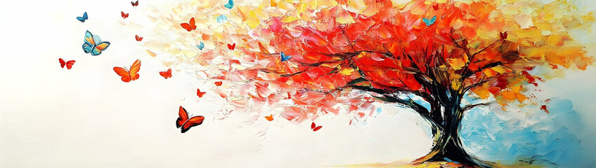 Poster - Abstract art painting of a red maple tree with colorful leaves, against a white background