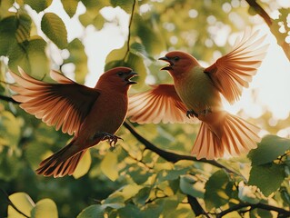 Wall Mural - Two vibrant birds in mid-flight amidst lush green leaves, showcasing nature's beauty.