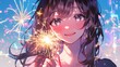 © FiDIO - Girl holding a sparkler, with fireworks in the background, festive anime style
