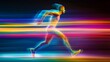 © Chaikit - athletic figure in mid-sprint stance, abstract motion photography, luminous color palette, neon edge lighting, energetic movement capture, contemporary sports art, blurred action sequence