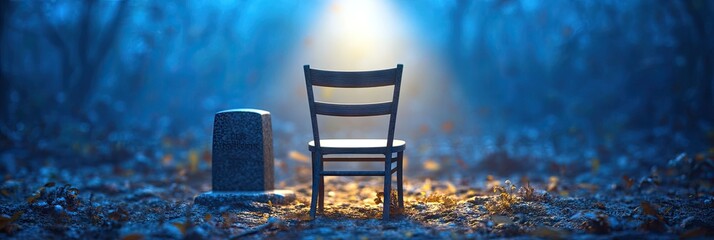 Poster - A solitary chair beside a gravestone in a misty forest, illuminated by soft light.