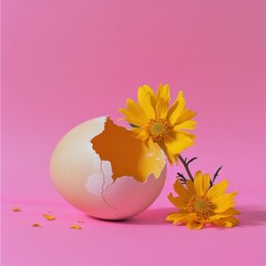 Canvas Print - Yellow flowers sprout from a broken eggshell on pink background.