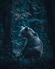 Wall Mural - A serene bear sits alone in a dark, wooded environment, evoking a sense of tranquility.