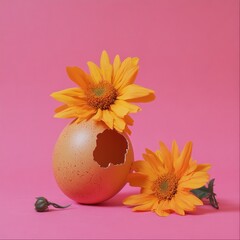 Canvas Print - Two yellow daisies and a speckled egg with a broken shell on a pink background.