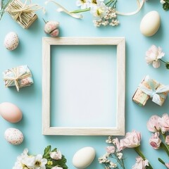 Wall Mural - Blank frame surrounded by Easter eggs, flowers, and gifts on a blue background.