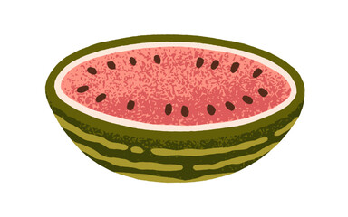 Aufkleber - Watermelon, summer fruit. Juicy red water melon piece, cut half with black seeds, fresh sweet healthy food. Natural ripe seasonal berry. Flat vector illustration isolated on white background