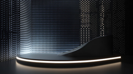 Poster - A futuristic, dark podium with a luminous backdrop and reflective surface creates a striking visual setting for presentations or awards ceremonies 