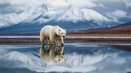 Wall Mural - majestic polar bear walking along the shore of a frozen lake, with snowy mountains reflecting in the