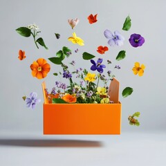Vibrant flowers exploding from an orange box against a light grey background.