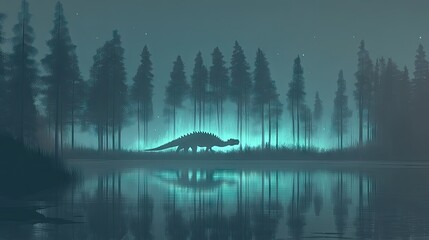 Wall Mural - A serene night scene featuring a dinosaur silhouette against a misty forest and lake.