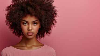 Portrait of beautiful young African American model posing on a pink background, showing her natural hair