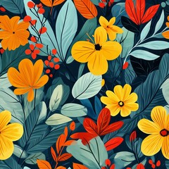 Wall Mural - seamless pattern of tropical colorful floras and leaves